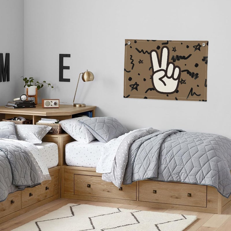 PLKMN Boys Room Playroom Nursery Decor, Peace Hand Linen Banner Wall Hanging Flag, Retro Preppy Boys Gifts for Boy Room Dorm Decor 20x30 - Image 4